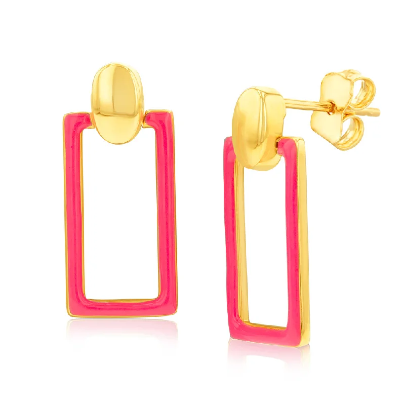 women’s pearl drop earrings-9ct Yellow Gold Pink Enamel Rectangle Drop Earrings