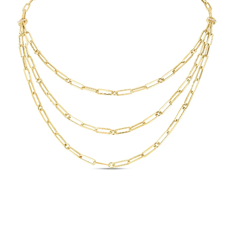 women’s chain link necklaces-18K YELLOW DESIGNER GOLD TRIPLE STRAND PAPERCLIP CHAIN & DIAMOND NECKLACE