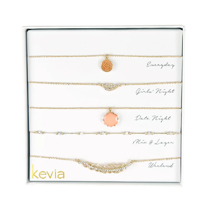 women’s artistic necklaces-Coral & Gold Leaf Layered Necklace Set