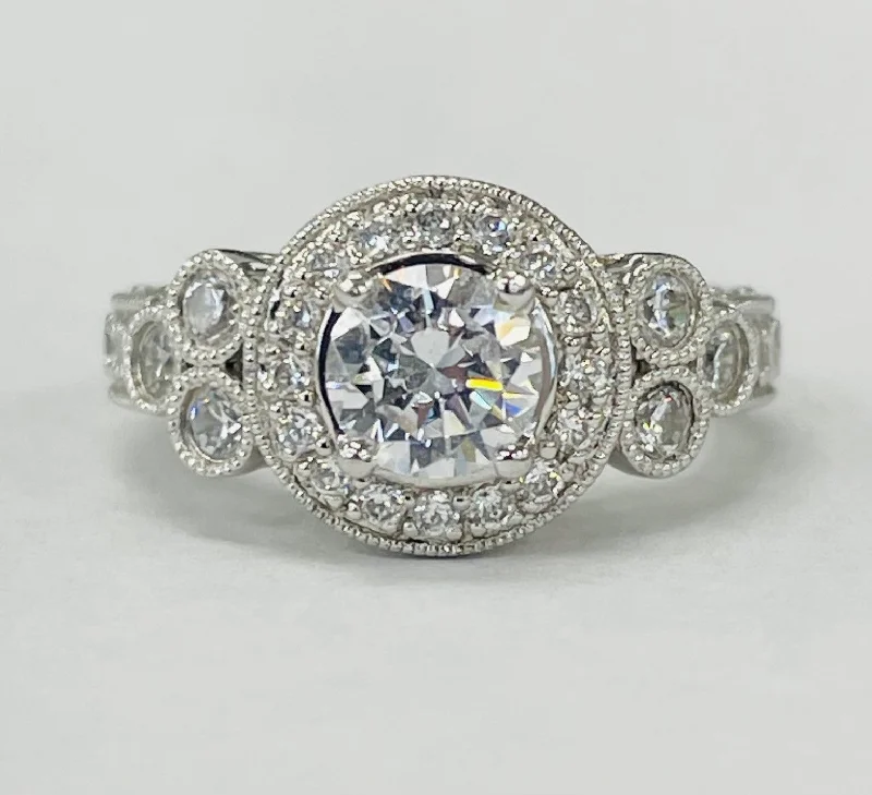 engagement rings with birthstones-Romance - Detailed Vintage Inspired Halo Diamond Setting