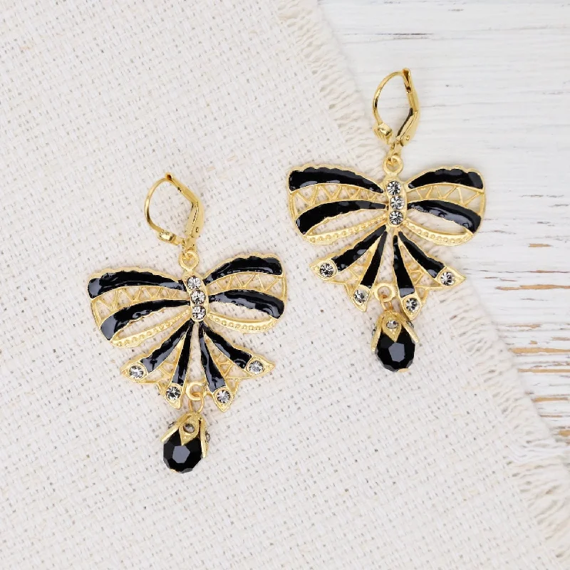 women’s premium gold earrings-Black Enamel Bow Earrings