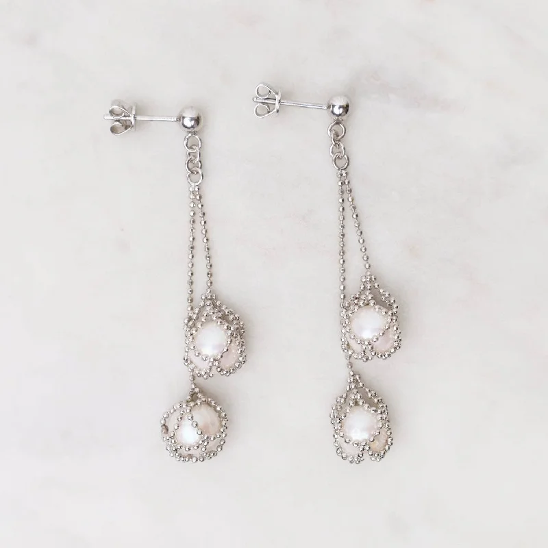 women’s moonstone earrings-Sterling Silver Double Captured Pearl Drop Earrings