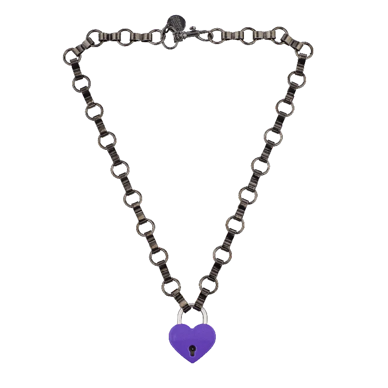 women’s sparkling crystal pendant necklaces-VIOLET HEART LOCK NECKLACE