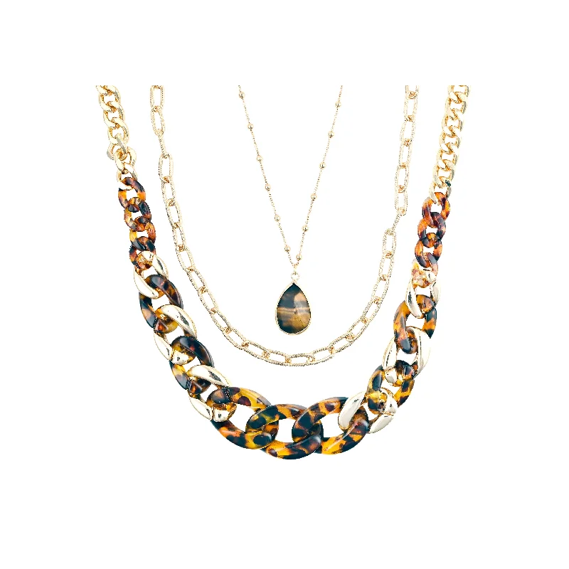 women’s luxury gold pendant necklaces-Tiger's Eye Resin Link Necklace Set