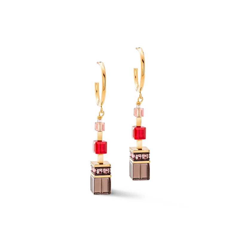 women’s modern diamond earrings-Gold Red GeoCube Hoop Earrings