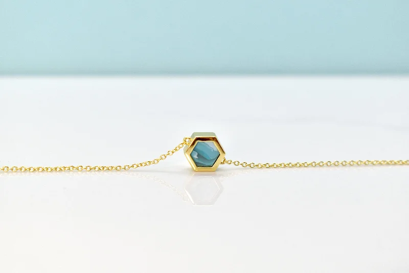 women’s gemstone-studded necklaces-14k Gold Geometric Hexagon Necklace with Aquamarine Gemstone-like Clay, Dainty Gold Chain