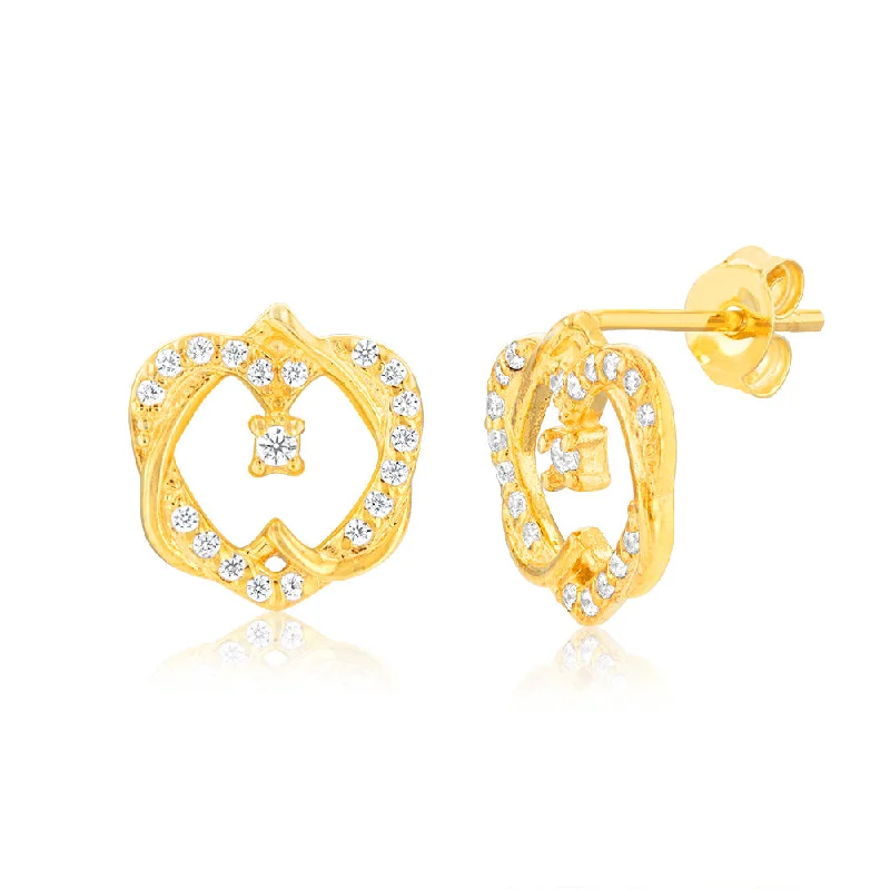 women’s large diamond earrings-Gold Plated Sterling Silver Hearts Overlay Cubic Zirconia Earrings