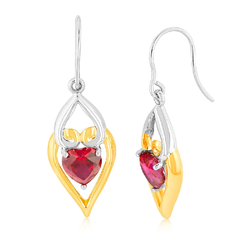 women’s cute earrings-Created Ruby 6mm Drop Earrings in 9ct Yellow Gold