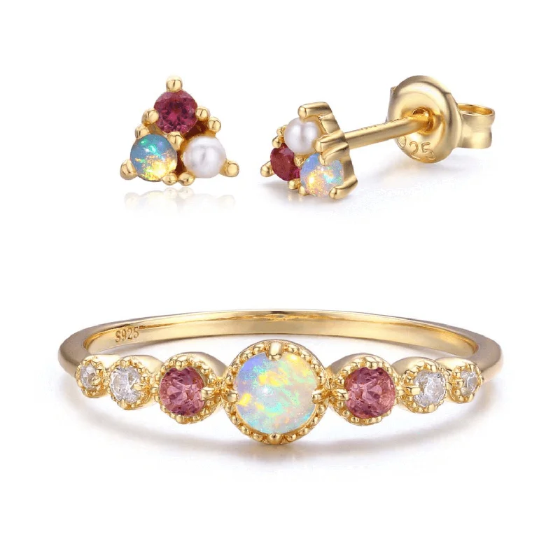 women’s stud earrings with gemstones-Opal Tourmaline Divinity Ring and Trio Earrings