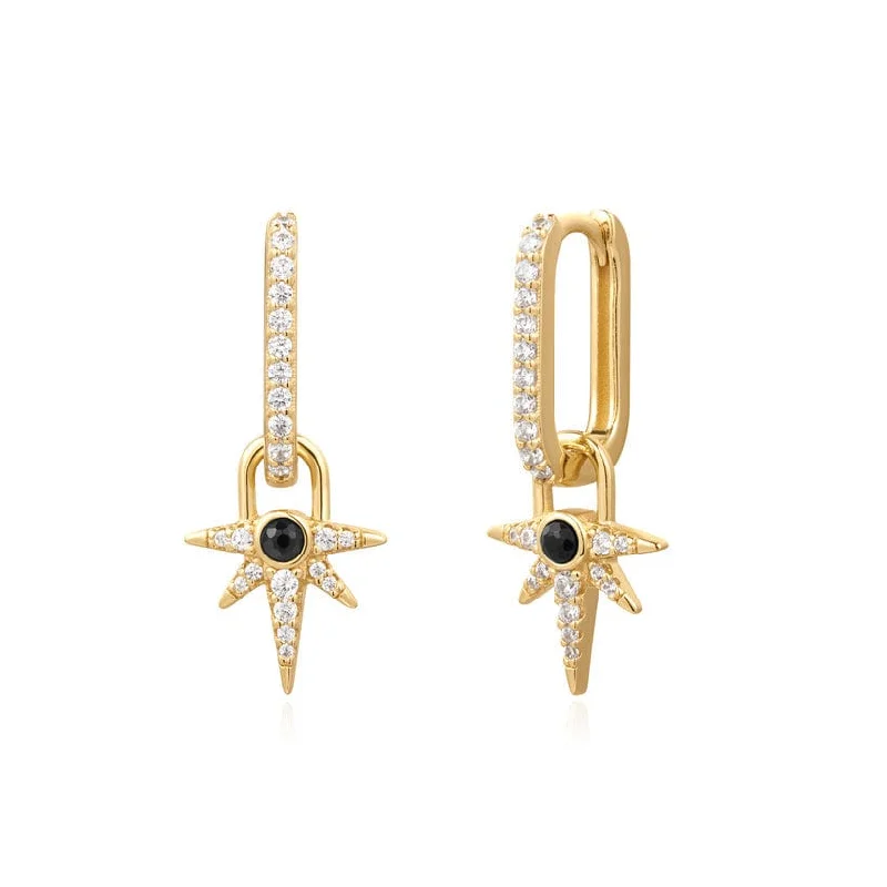 women’s bold diamond earrings-Gold Black Onyx Star Drop Huggie Earrings