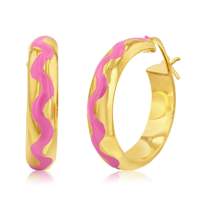 women’s vintage gemstone earrings-Sterling Silver Gold Plated Pink Enamel Hoop Earrings