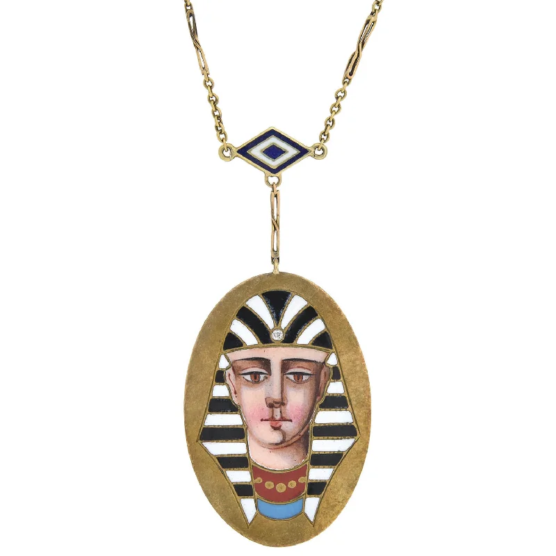 women’s butterfly necklaces-Victorian Egyptian Revival 14kt Enameled Pharaoh Pendant Necklace 18"