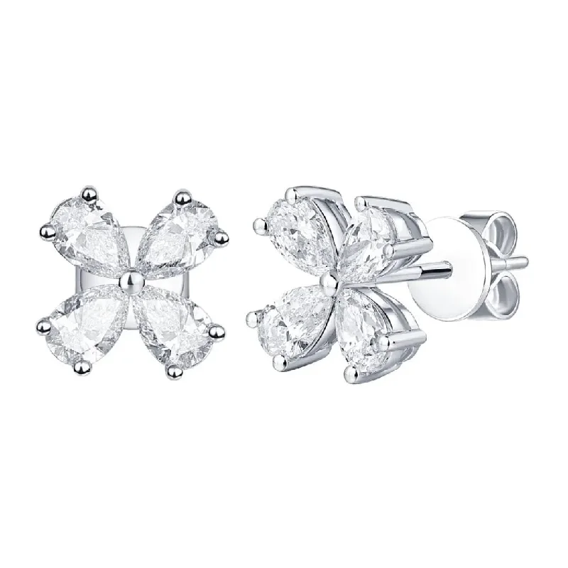 women’s antique earrings-Pear Shape Diamond Flower Stud Earrings