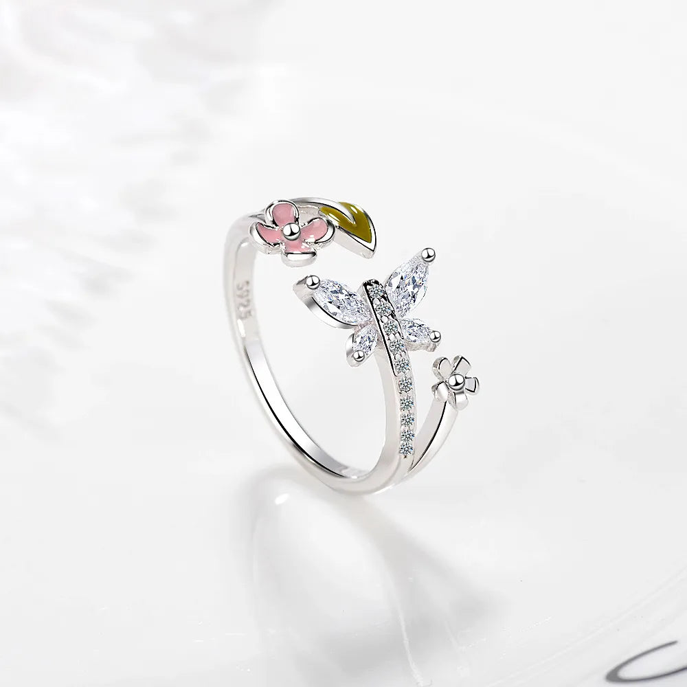 women’s diamond rings with side stones-Wholesale Sweet Leaf Flower Butterfly Copper Epoxy Inlay White Gold Plated Zircon Open Rings