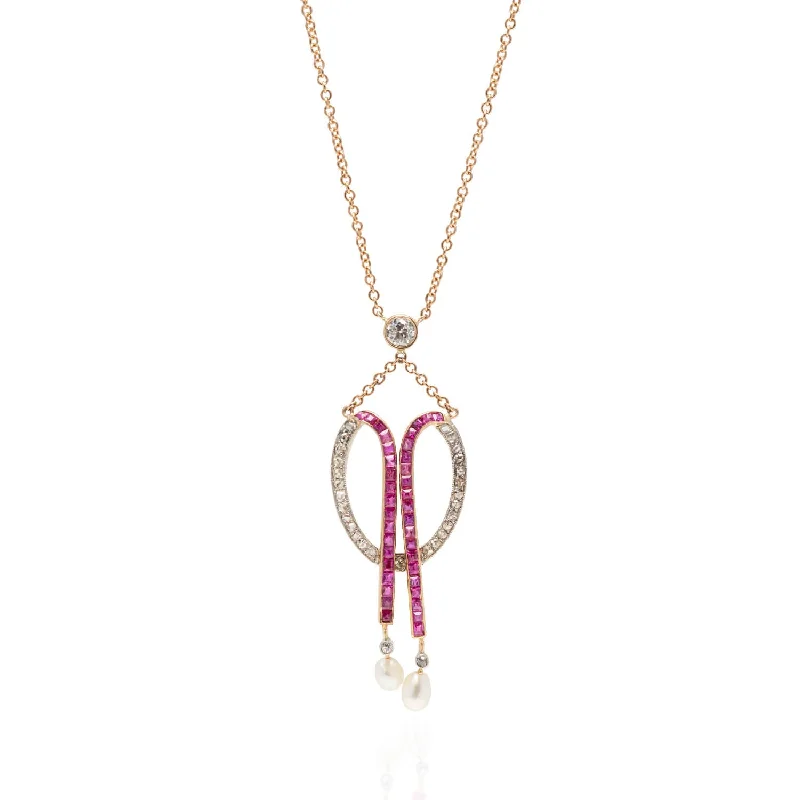 women’s designer charm necklaces-Edwardian 18kt/Platinum Diamond, Calibrated Ruby + Natural Pearl Necklace