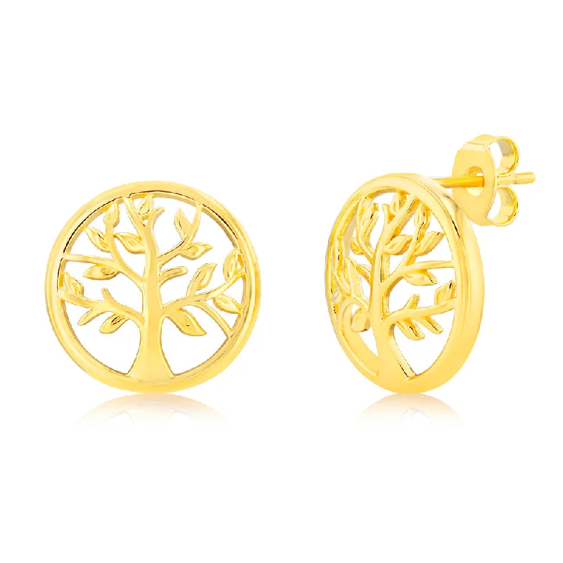 women’s gemstone drop earrings-Sterling Silver Gold Plated Tree Of Life Stud Earrings