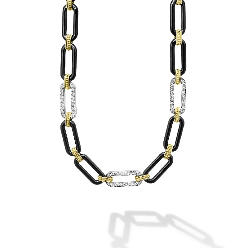 women’s exotic gemstone necklaces-Signature Caviar 18K Gold and Black Ceramic Three Diamond Station Link Necklace | 9mm