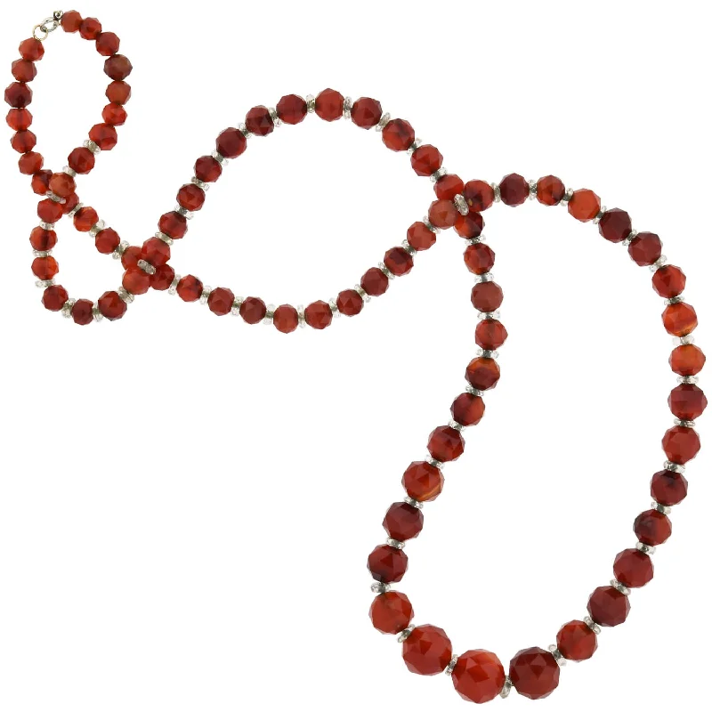 women’s birthstone necklaces-Art Deco Faceted Carnelian + Rock Crystal Graduated Bead Necklace 28.5"