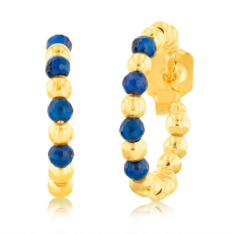 women’s white gold earrings-9ct Yellow Gold Created Round Blue Spinel 3/4th Open Hoop Earrings