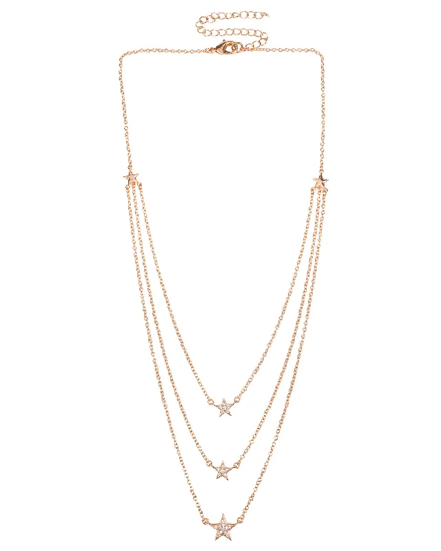 women’s statement chain necklaces-Three Layer Pave Star Necklace