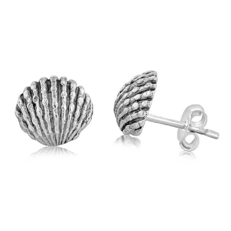 women’s minimal earrings-Sterling Silver Oxidised Shell Stud Earrings