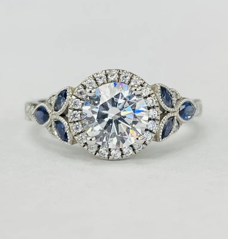 customized halo engagement rings-Romance - Floral Nature Diamond And Sapphire Halo Setting