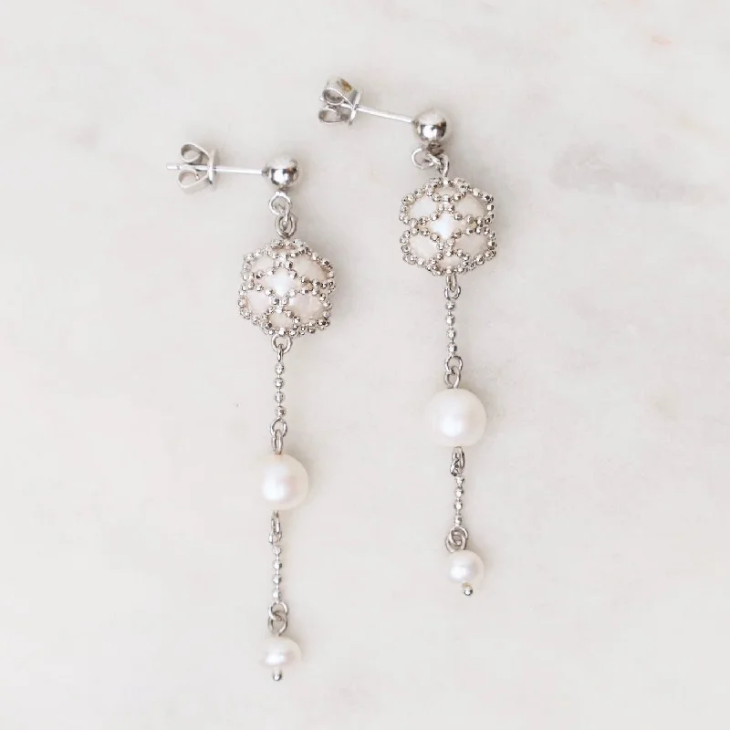 women’s fancy earrings-Sterling Captured Pearl with 2 Pearl Earrings