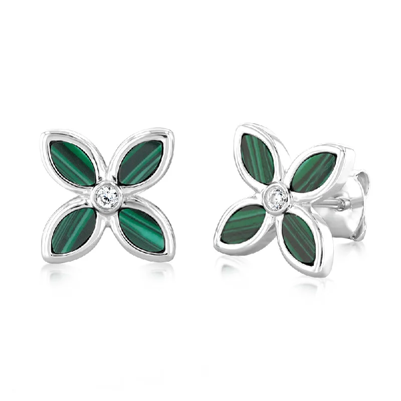 women’s chic diamond earrings-Sterling Silver Rhodium Plated Created Malachite Four Petal Stud Earrings