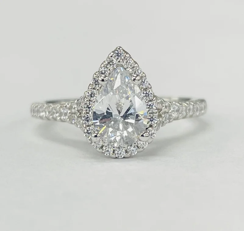 personalized engagement rings-Romance - Pear Halo Diamond Accented Setting