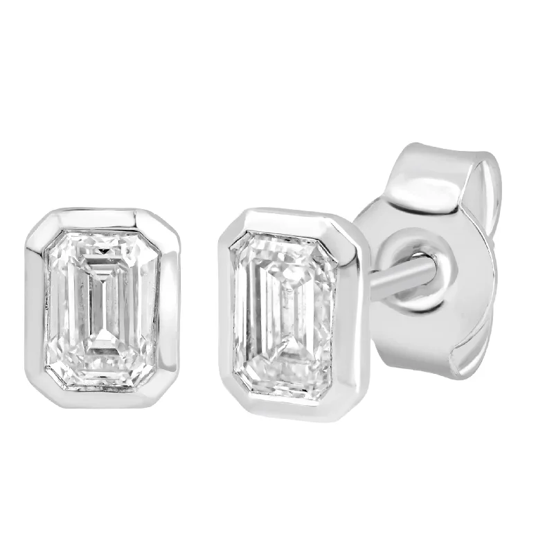 women’s fashion statement earrings-White Gold Diamond Emerald Cut Bezel Stud Earrings