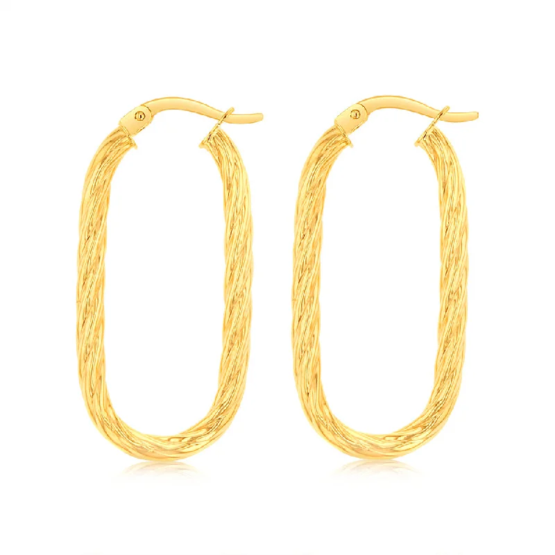 women’s modern hoop drop earrings-9ct Yellow Gold Twisted Elongated Hoop Earrings