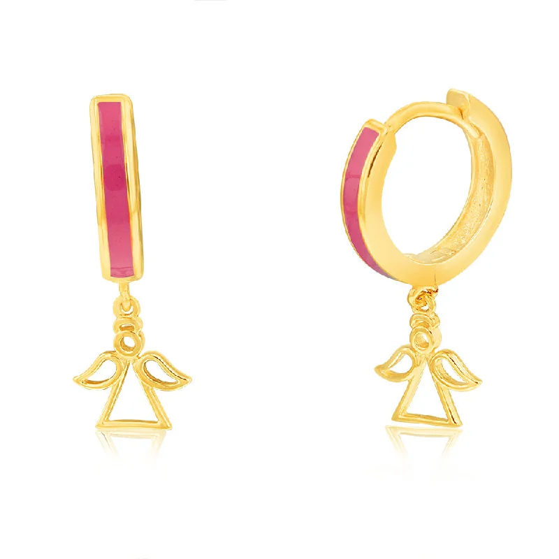 women’s oval earrings-9ct Yellow Gold Angel On Red Enamel Sleeper Earrings