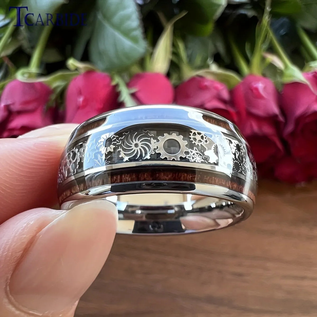 women’s sapphire and diamond wedding rings-Simple Style Round Gear Titanium Steel Enamel Couple Rings