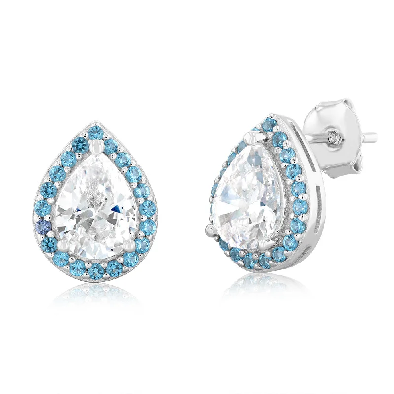 women’s bright gemstone earrings-Sterling Silver Rhodium Plated Pear Shaped Blue And White Zirconia Stud Earrings