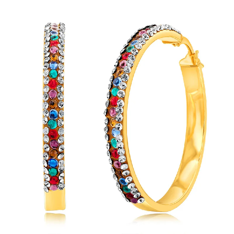 women’s creative earrings-9ct Yellow Gold Silverfilled Multicolour And White Crystal 30mm Broad Hoop Earrings