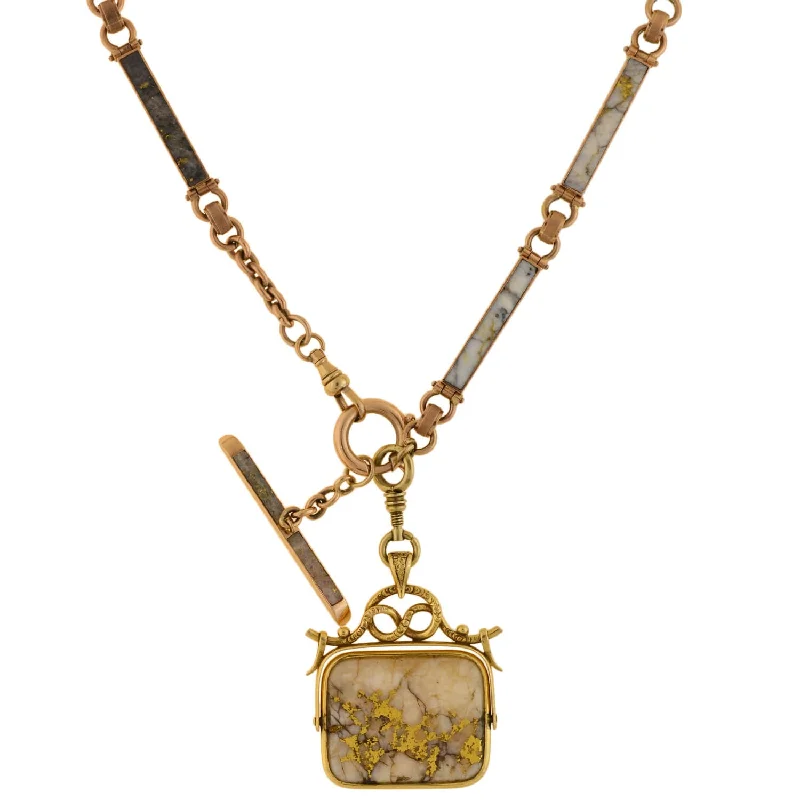 women’s diamond heart necklaces-Victorian 14kt Inlaid Gold Quartz Watch Chain + Matching Spinner Fob