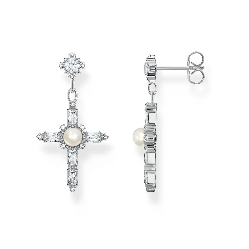 women’s customized gemstone earrings-Thomas Sabo Sterling Silver True Romance Cross Cubic Zirconia Pearl Earrings