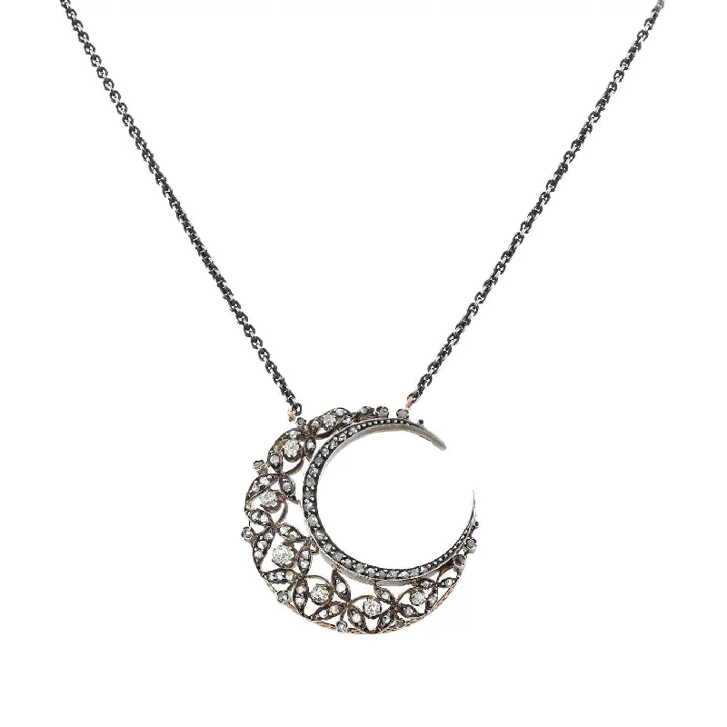 women’s polished silver necklaces-Victorian Conversion 18kt/Sterling Diamond Crescent Moon Necklace