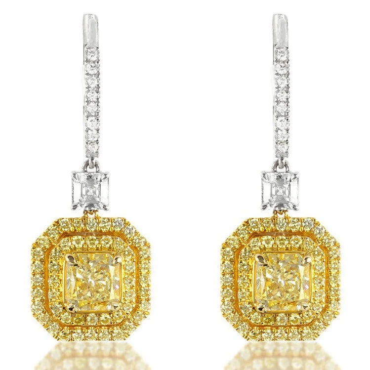 women’s luxury gemstone earrings-Fancy Yellow Square Diamond Dangle Earrings 18K Gold