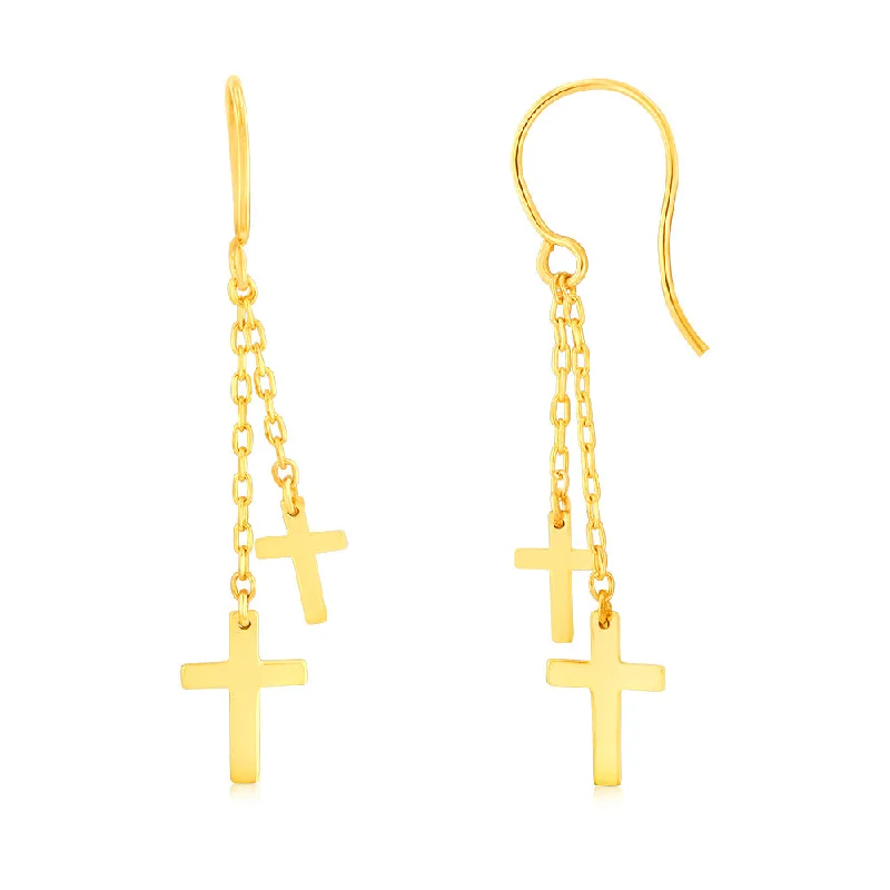 women’s rhinestone earrings-9ct Yellow Gold Double Cross On Chain Hook Earrings