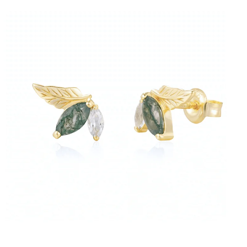 women’s vibrant gemstone earrings-Verdant Moss Agate Studs (Yellow Gold)