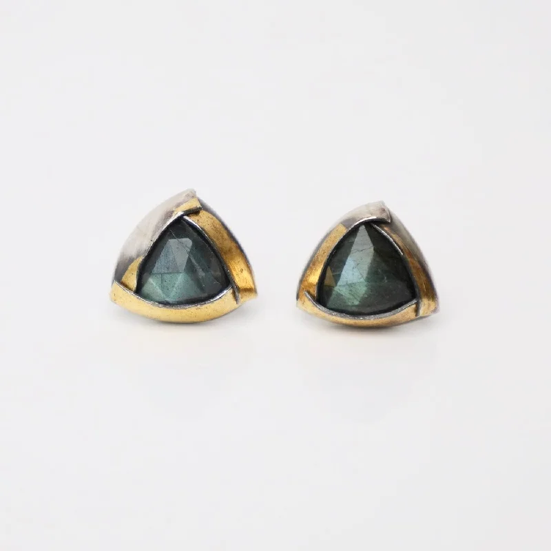 women’s geometric gold earrings-Labradorite Tri Fold Stud Earrings