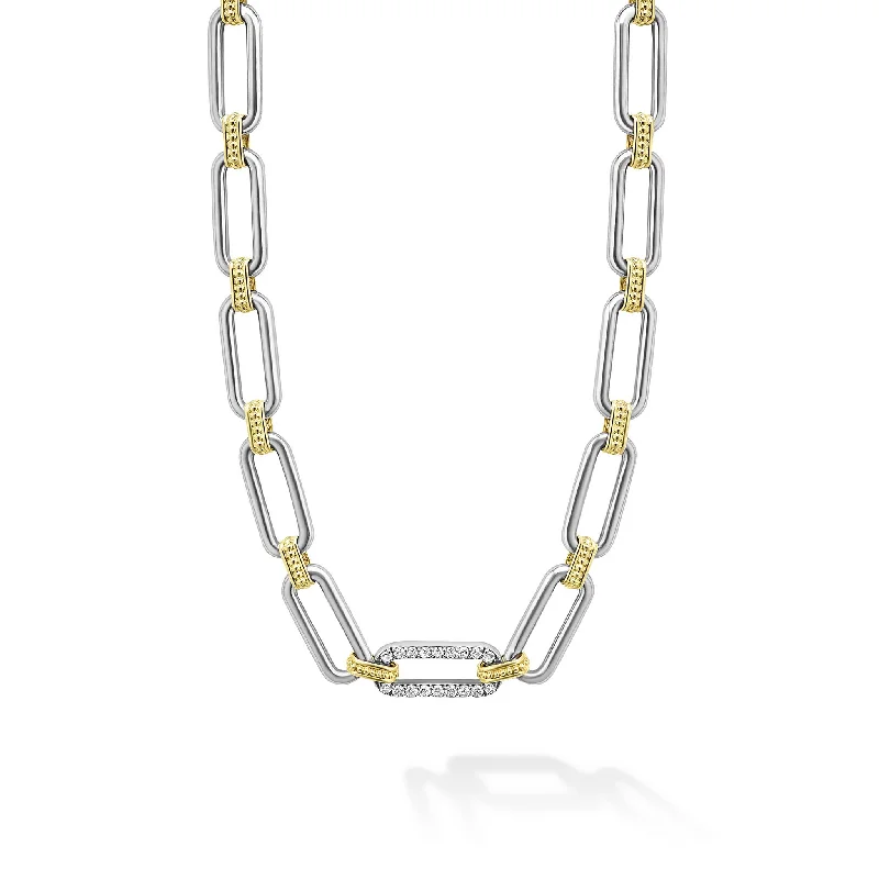 women’s chunky silver necklaces-Signature Caviar Two-Tone Link Single Station Diamond Necklace