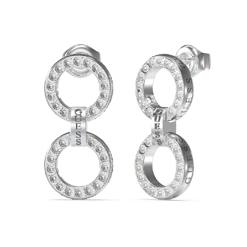 women’s large stud earrings-Guess Rhodium Plated Stainless Steel 30mm Double Pave Circle Drop Earrings