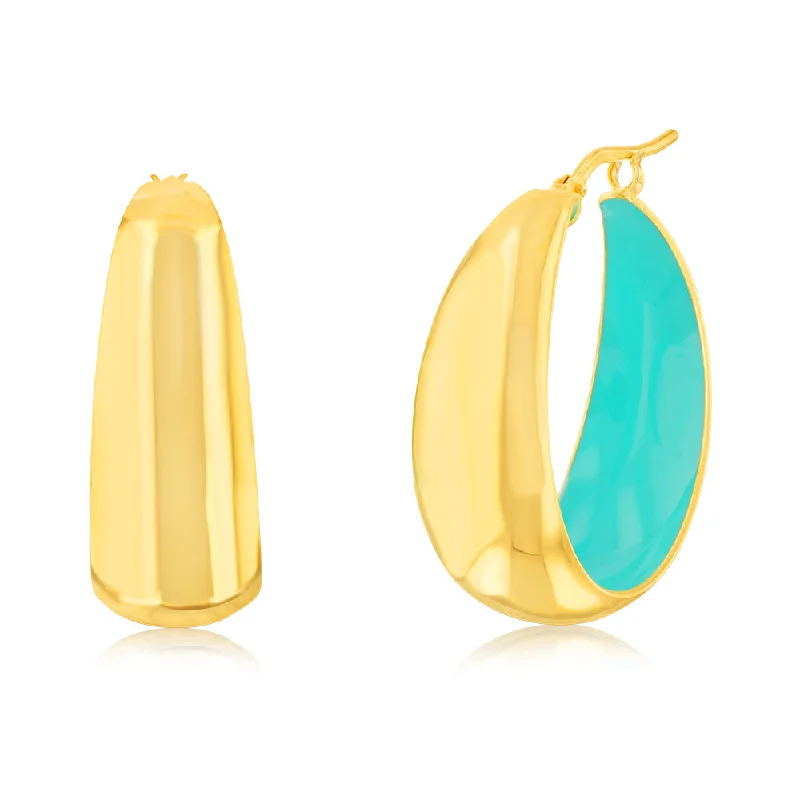 women’s designer earrings-Sterling Silver Gold Plated Aqua Enamel Inside 22mm Hoop Earrings