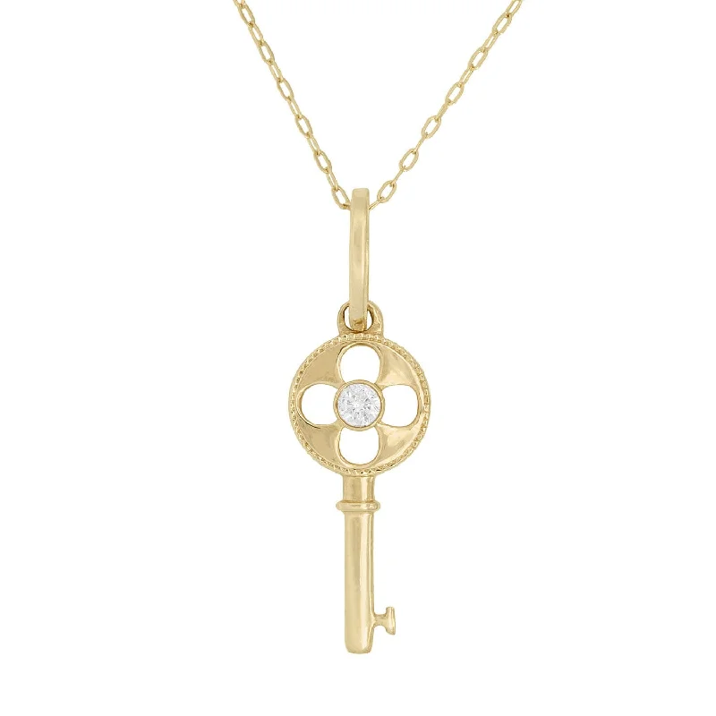 women’s double-layered gemstone necklaces-Estate 14k Diamond Four Leaf Clover Key Charm Necklace