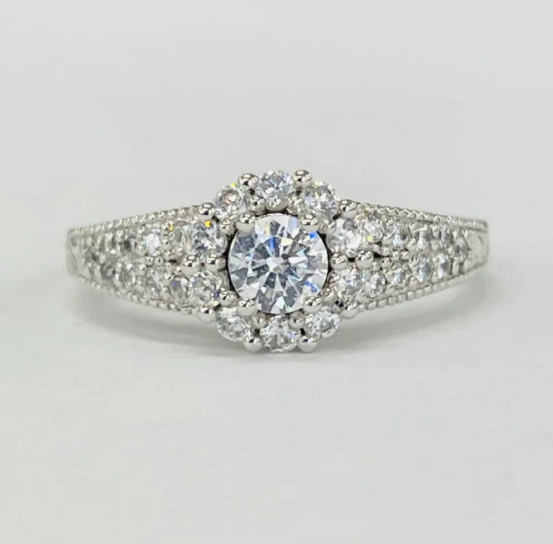 unique wedding engagement rings-Romance - Vintage Inspired Detailed Halo Split Shank Setting