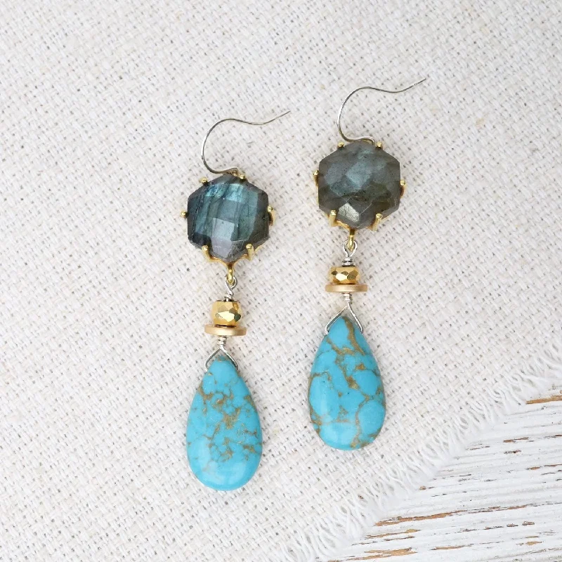 women’s glamorous gemstone earrings-Labradorite with Turquoise Drop Earrings