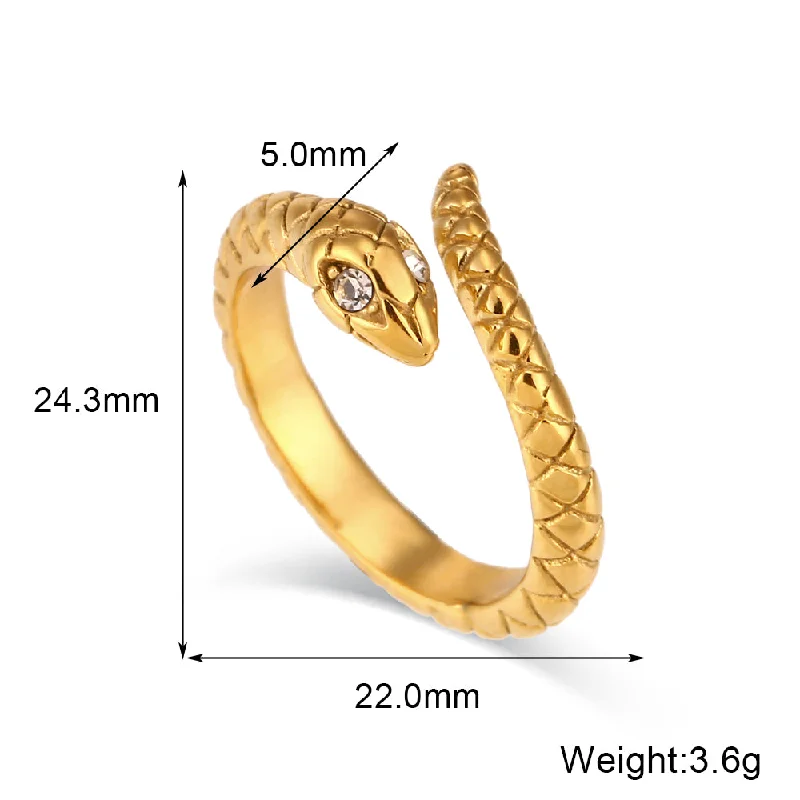 Open White Diamond Eyes Plaid Snake Ring-Gold