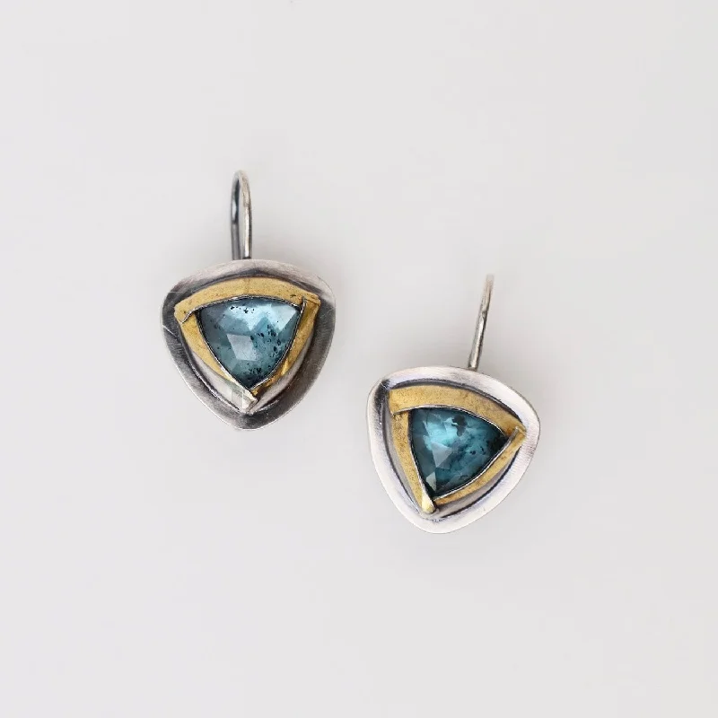 women’s radiant crystal earrings-Teal Kyanite Petite Tri Fold Drop Earrings